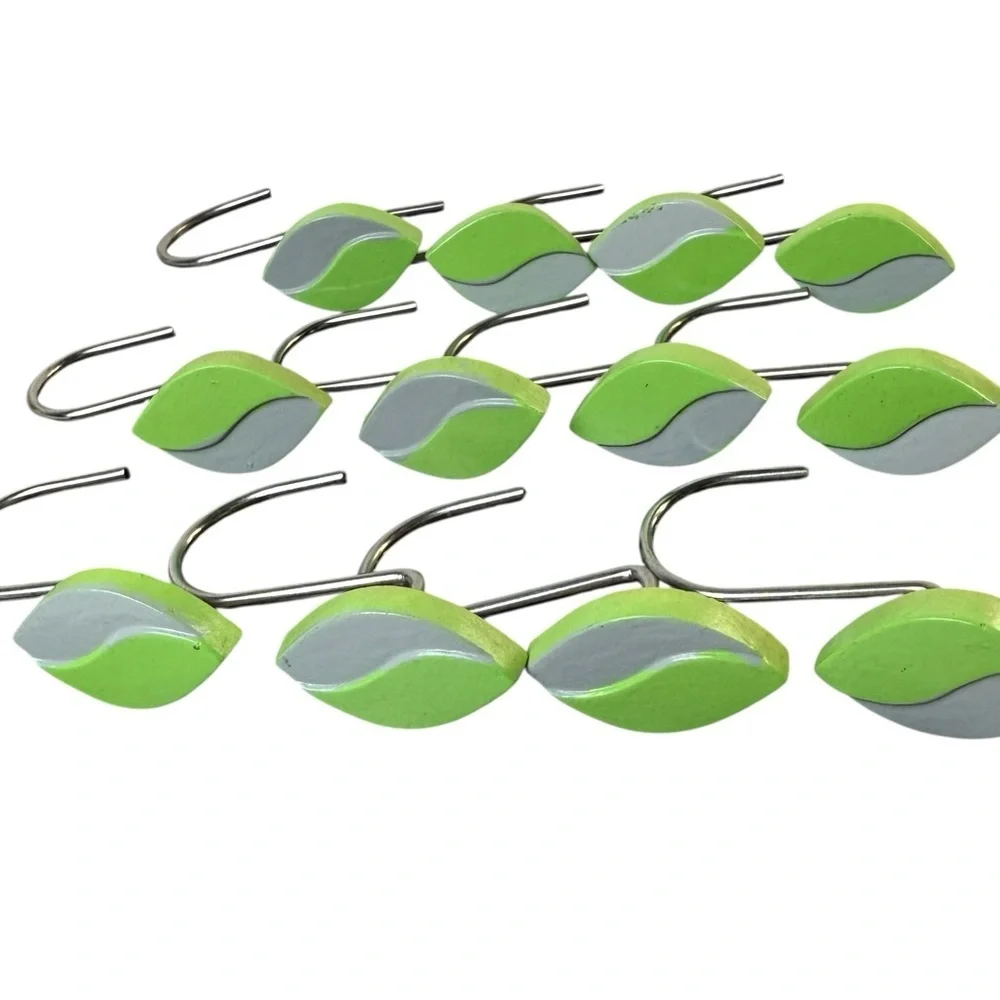 Vintage SET of 12 Shower Curtain Hooks Resin Leaf Wood Look MCM Retro Green Grey